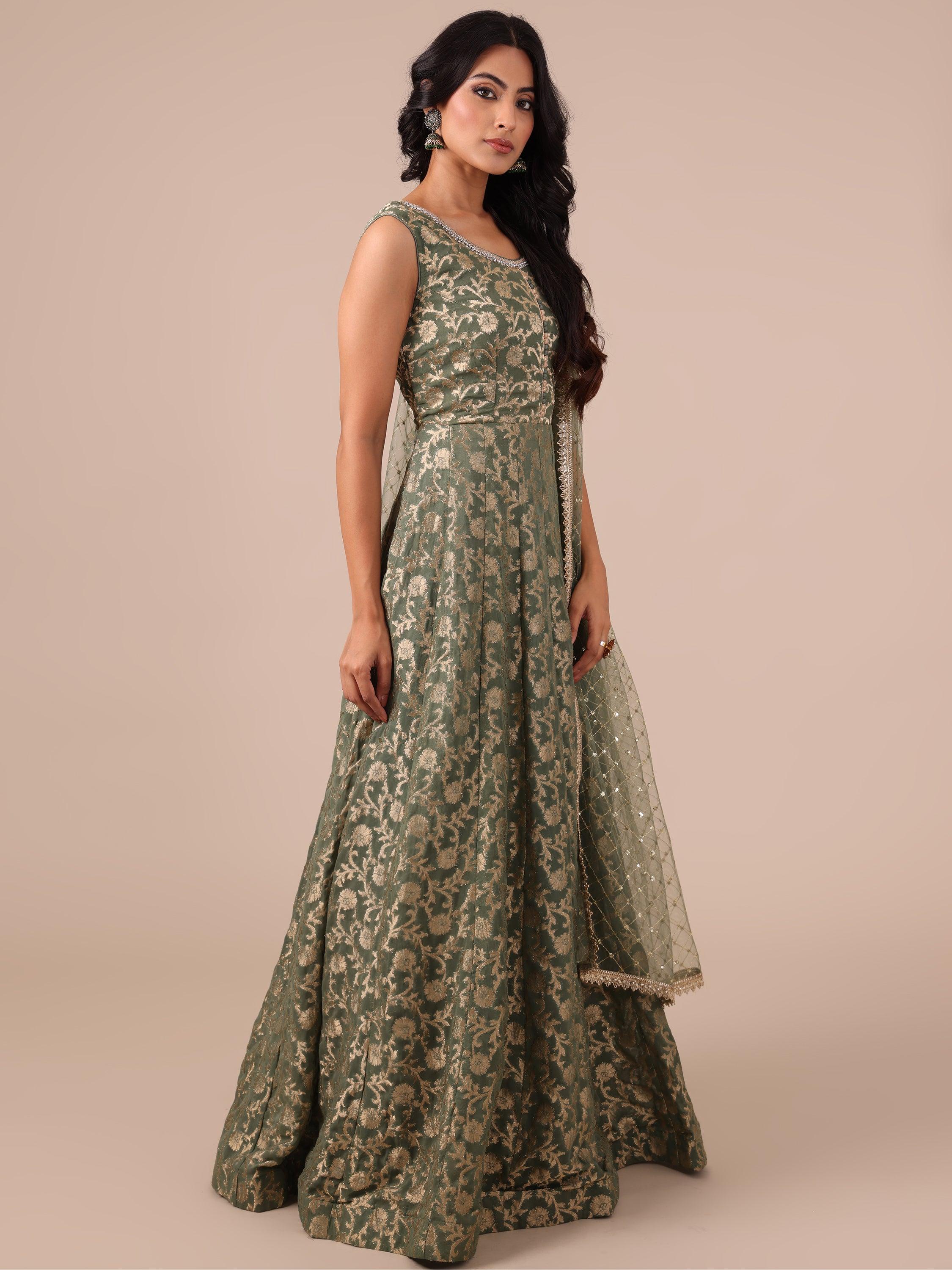 Mehendi Color Khaddi Georgette Gown with Net Dupatta - House of Surya