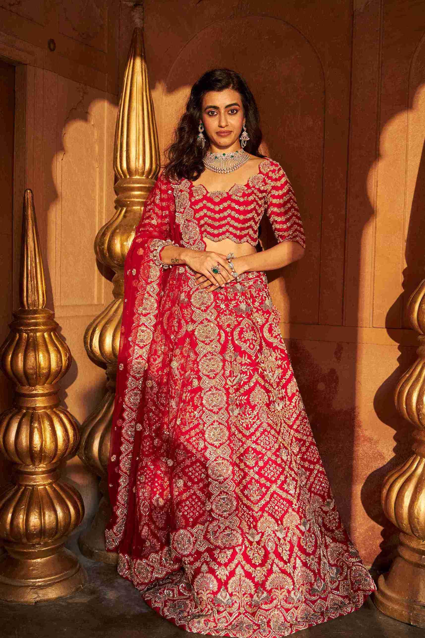 Red Bridal Lehenga Choli with Resham and Pearls work - House of Surya