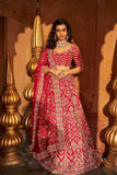 Red Bridal Lehenga Choli with Resham and Pearls work - House of Surya