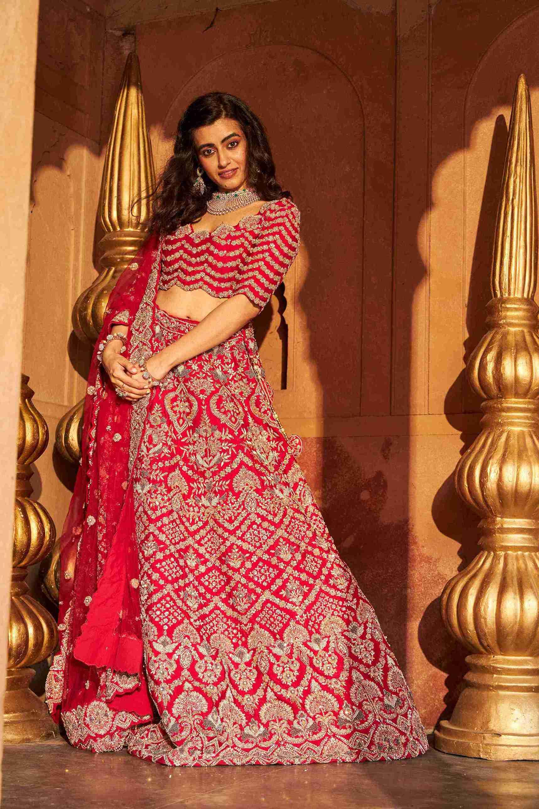 Red Bridal Lehenga Choli with Resham and Pearls work - House of Surya