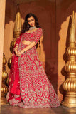 Red Bridal Lehenga Choli with Resham and Pearls work - House of Surya