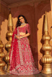 Red Bridal Lehenga Choli with Resham and Pearls work - House of Surya
