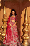 Red Bridal Lehenga Choli with Resham and Pearls work - House of Surya