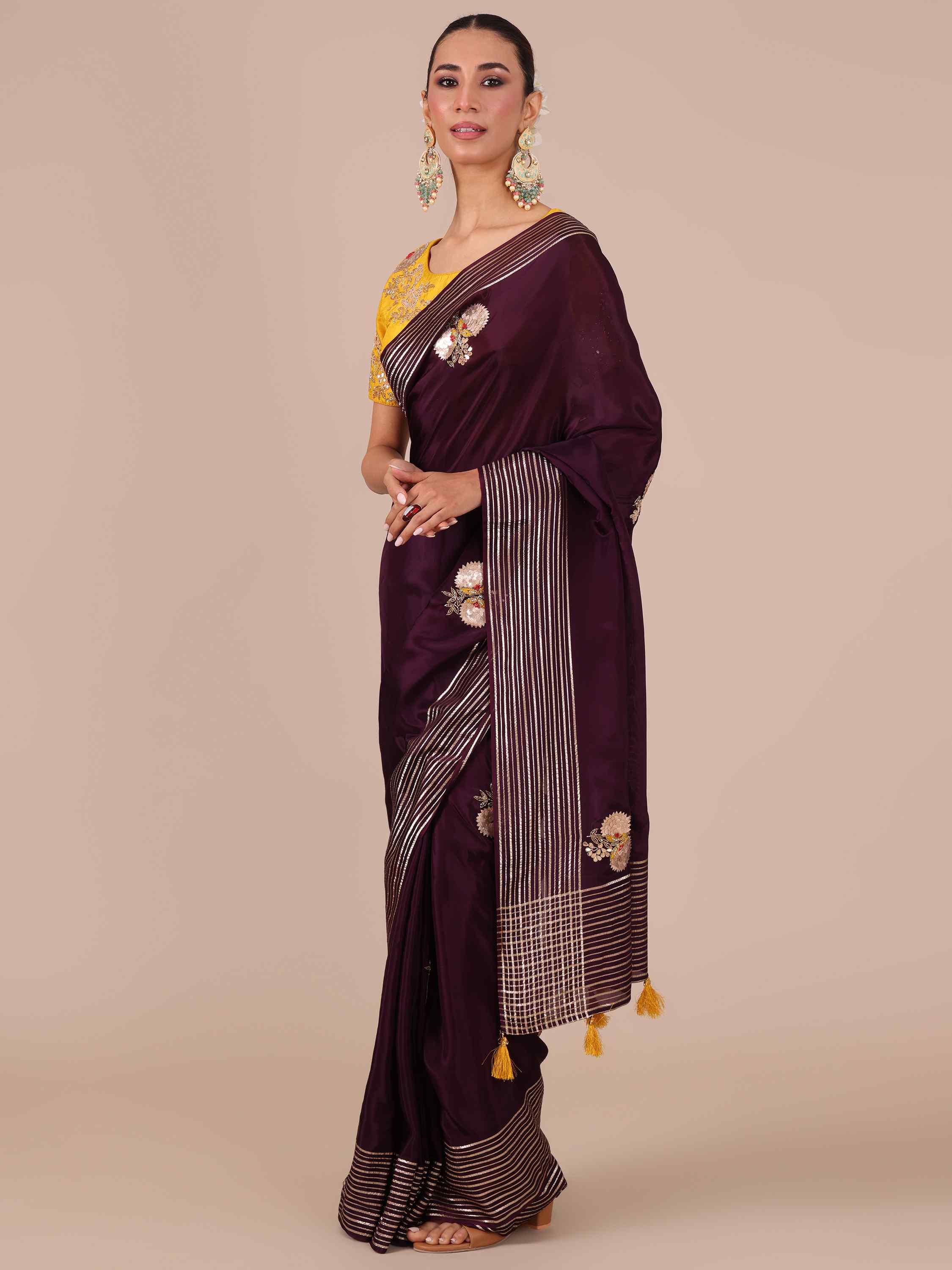Wine Color Silk Saree with Stitched Blouse - House of Surya