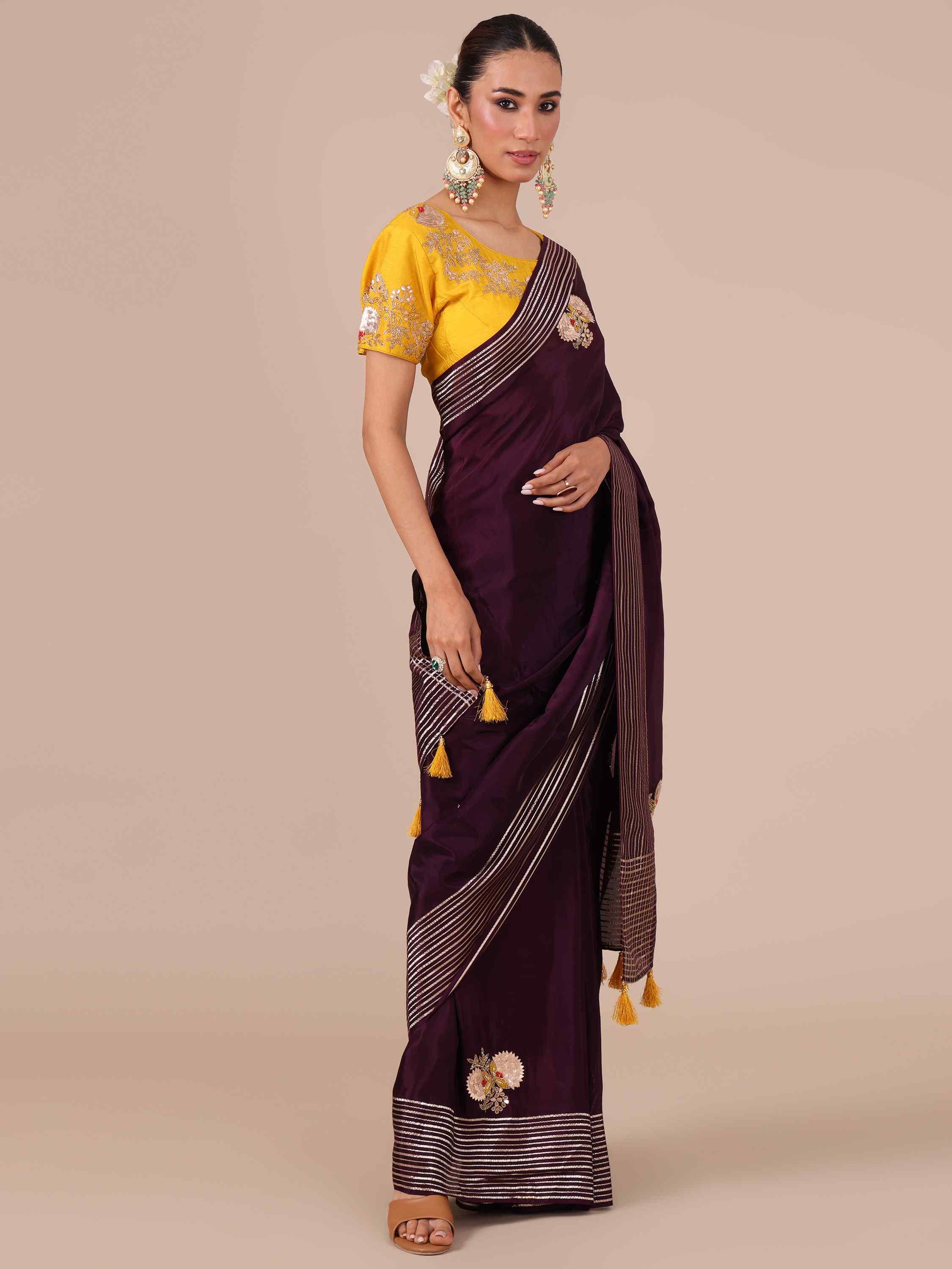 Wine Color Silk Saree with Stitched Blouse - House of Surya