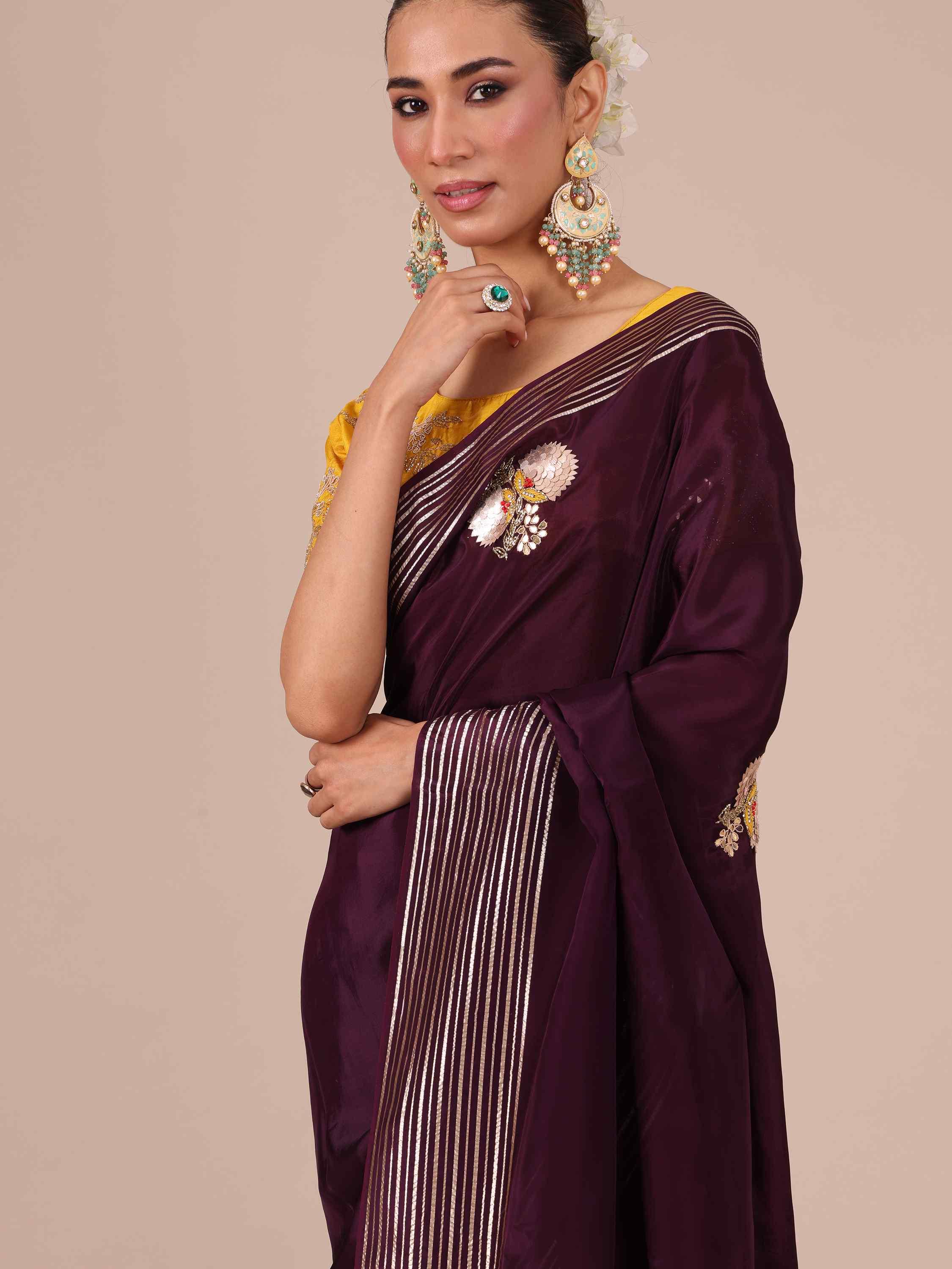 Wine Color Silk Saree with Stitched Blouse - House of Surya