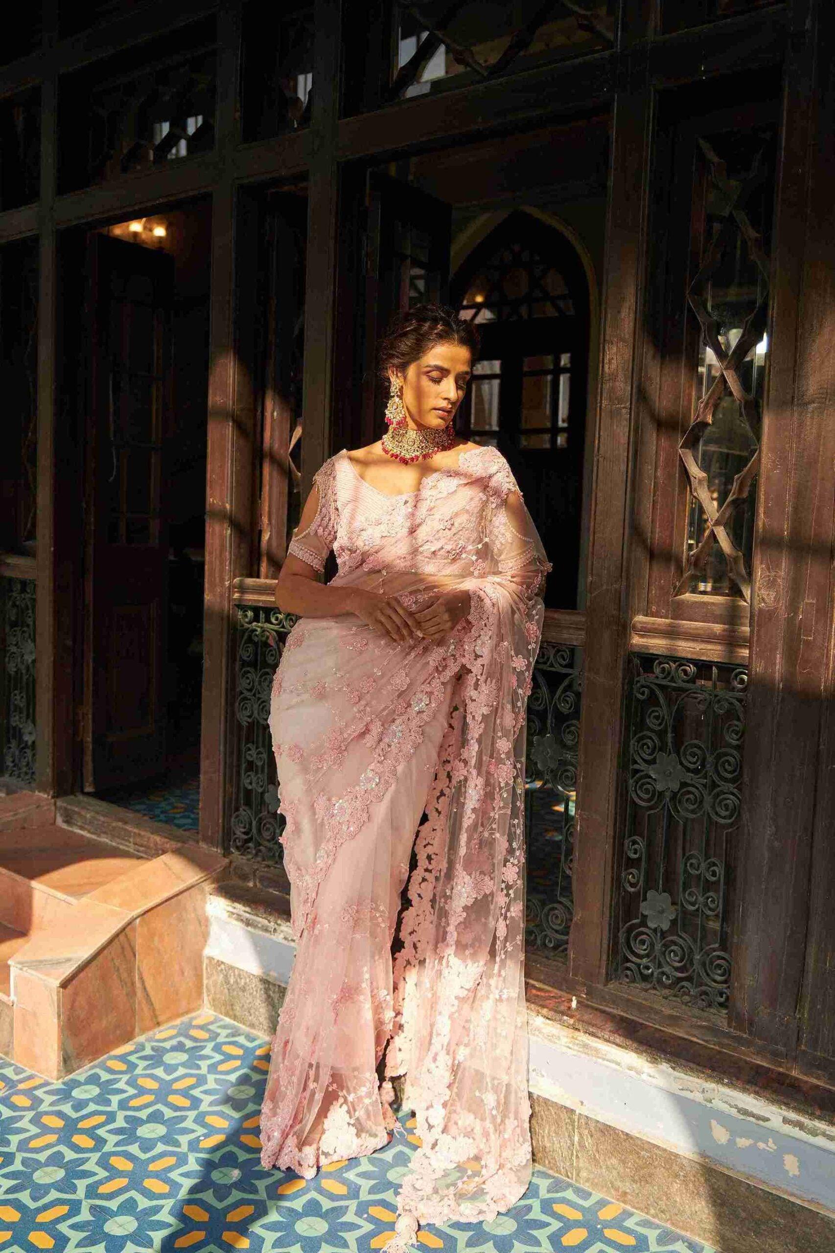 Pure Butterfly-Net Saree With Sequins, Pearls work - House of Surya