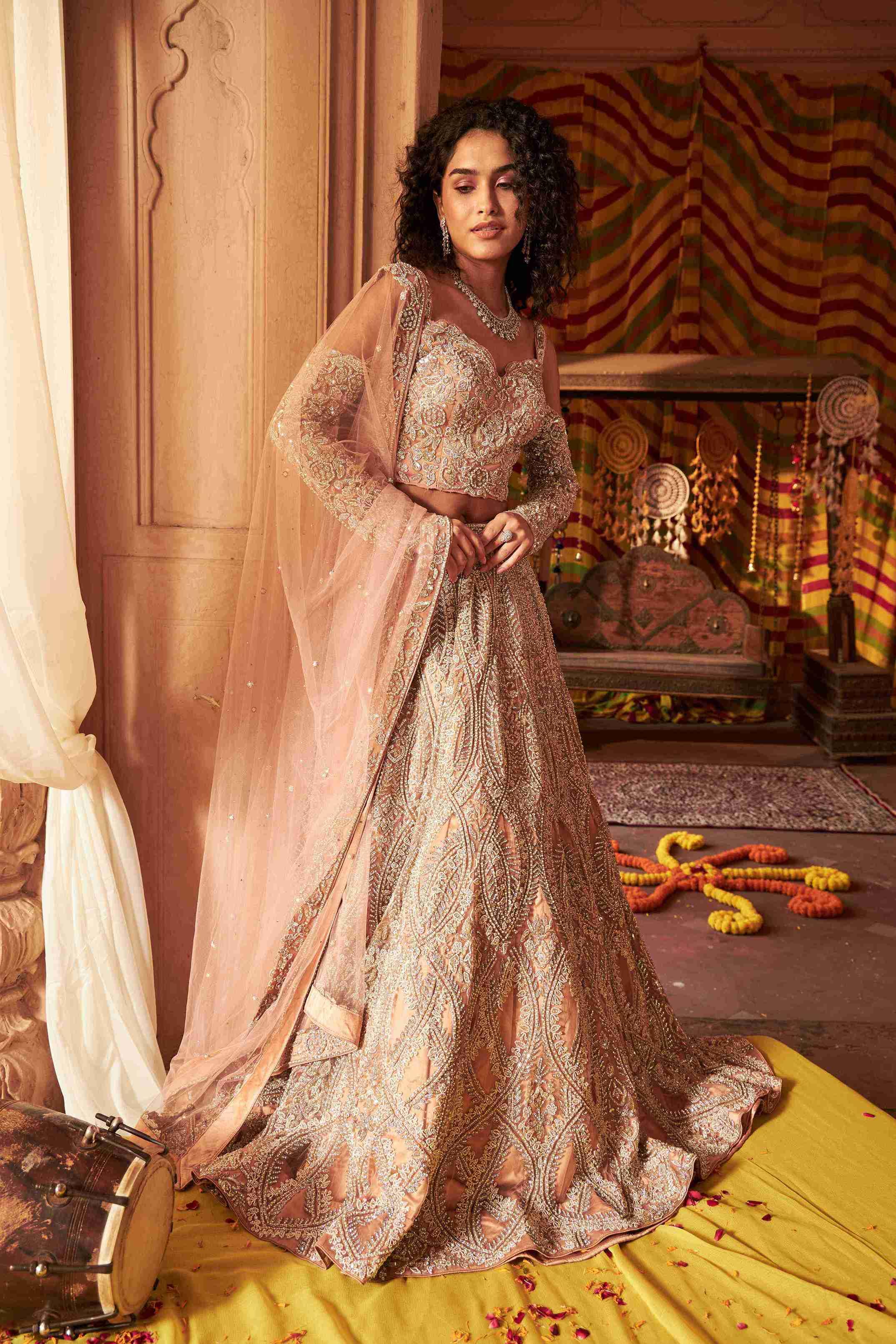 Peach Bridal Lehenga Choli with Poth, Pearls and Cutdana Work - House of Surya