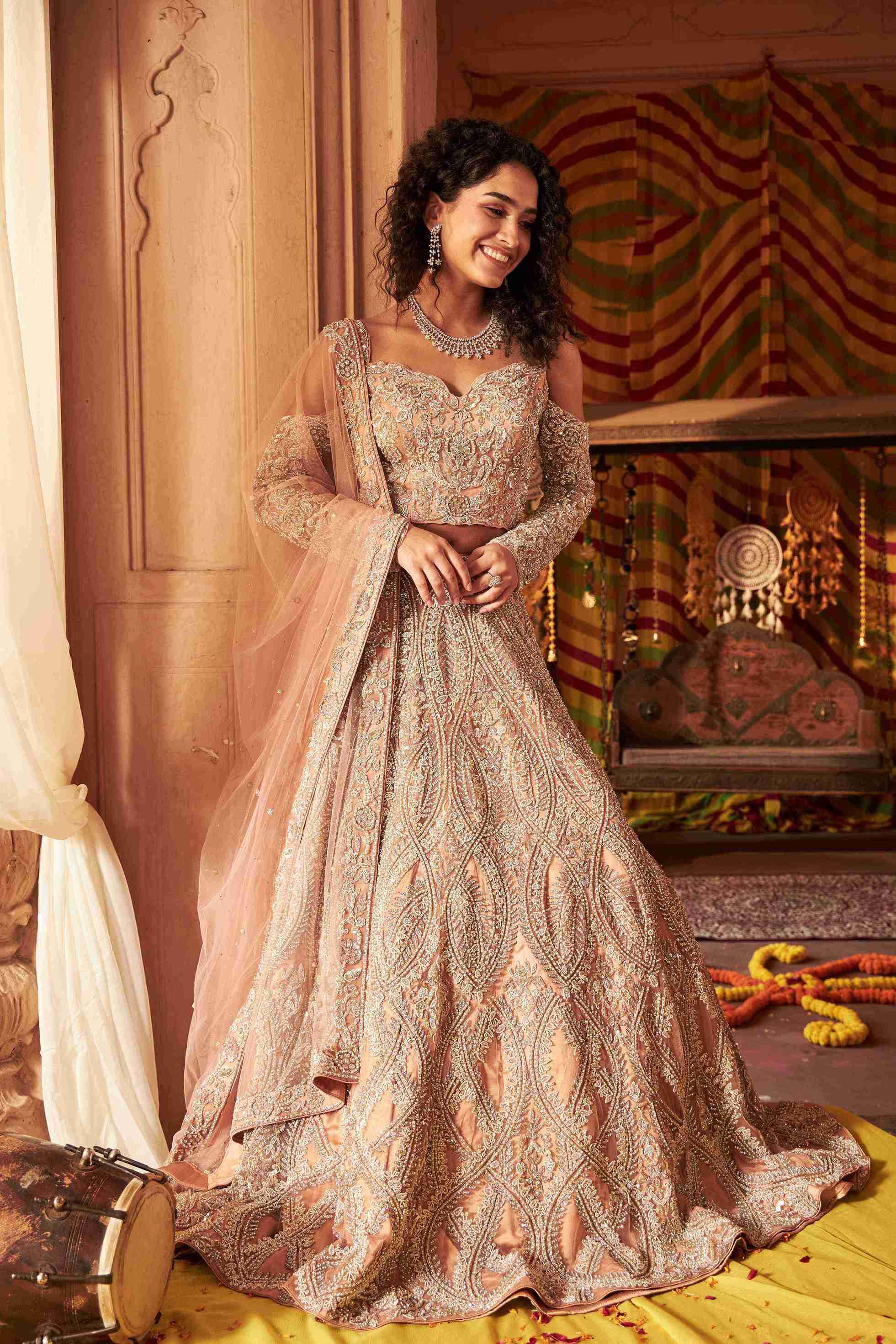 Peach Bridal Lehenga Choli with Poth, Pearls and Cutdana Work - House of Surya