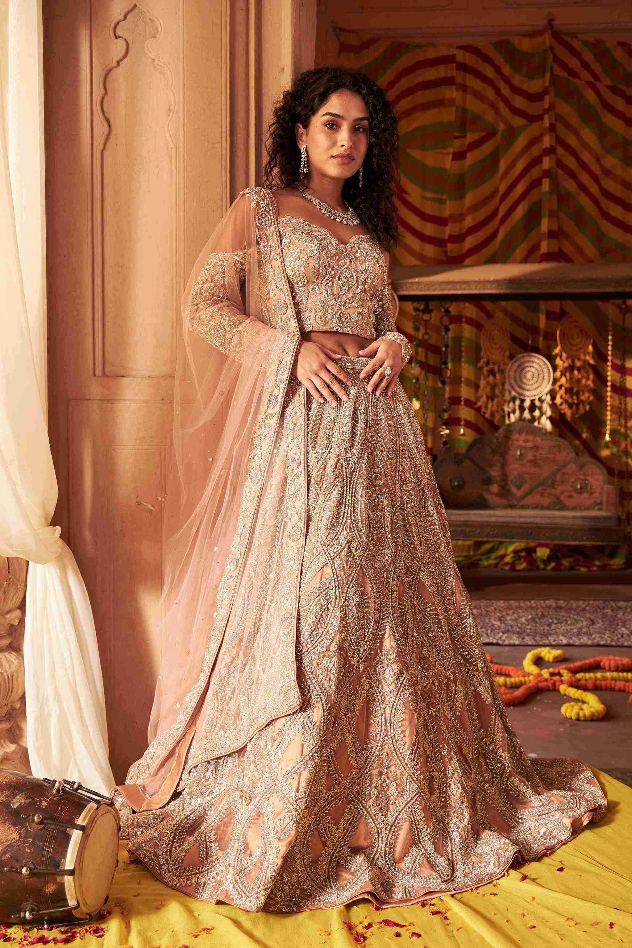 Peach Bridal Lehenga Choli with Poth, Pearls and Cutdana Work - House of Surya
