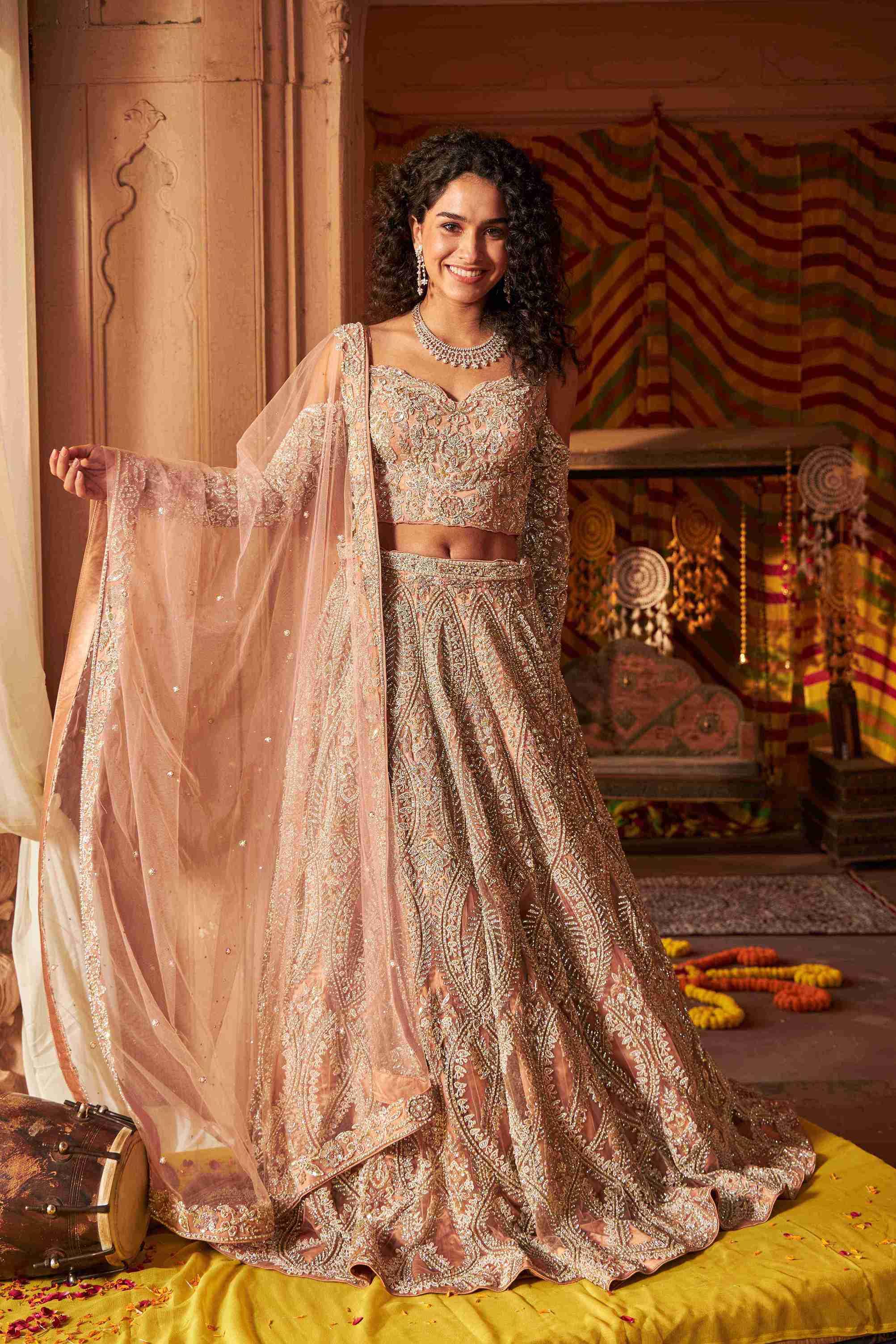 Peach Bridal Lehenga Choli with Poth, Pearls and Cutdana Work - House of Surya