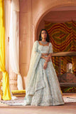 Ice Blue Organza Lehenga Choli with Pearls, Sequins, and Dori Detailing - House of Surya