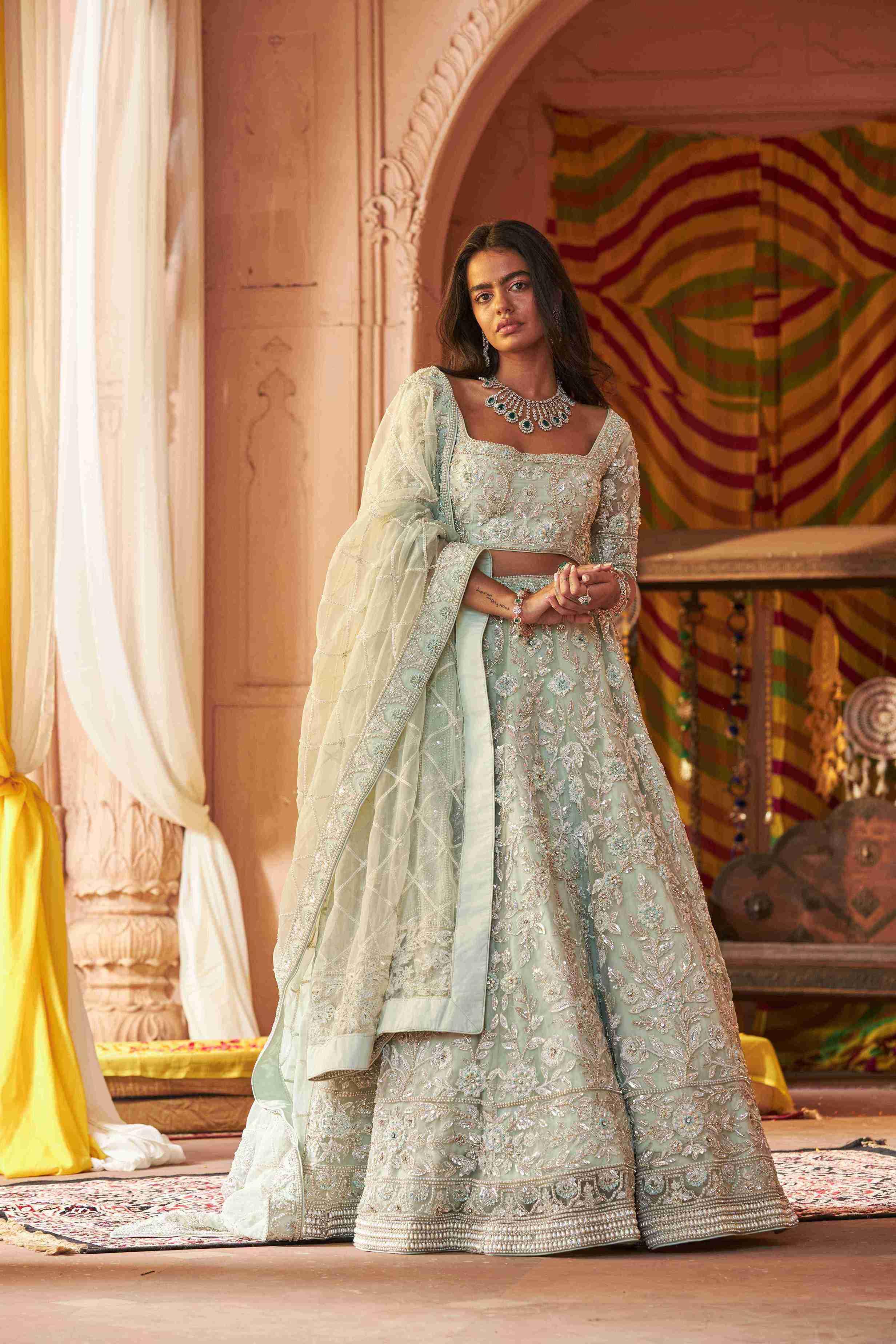 Ice Blue Organza Lehenga Choli with Pearls, Sequins, and Dori Detailing - House of Surya