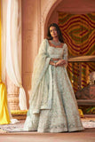 Ice Blue Organza Lehenga Choli with Pearls, Sequins, and Dori Detailing - House of Surya