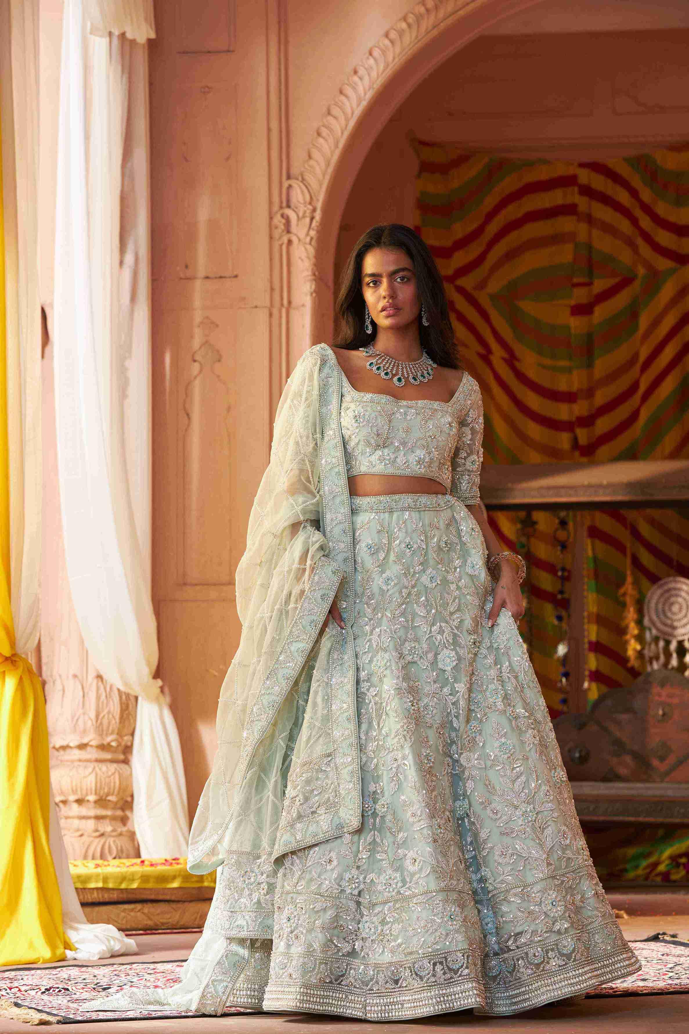 Ice Blue Organza Lehenga Choli with Pearls, Sequins, and Dori Detailing - House of Surya