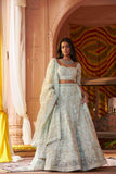 Ice Blue Organza Lehenga Choli with Pearls, Sequins, and Dori Detailing - House of Surya