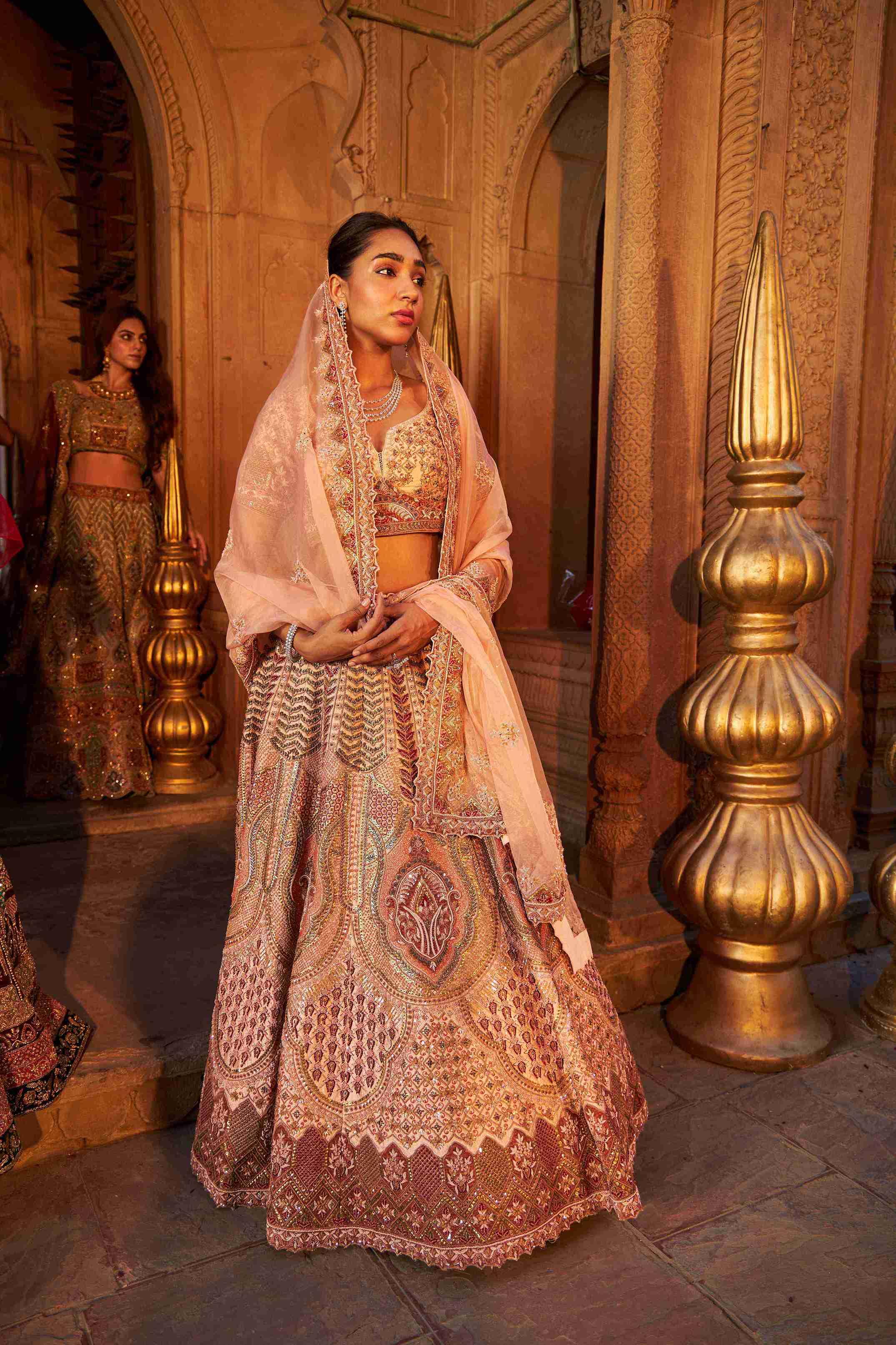 Peach Raw Silk Bridal Lehenga with Sequins and Zardozi Work - House of Surya