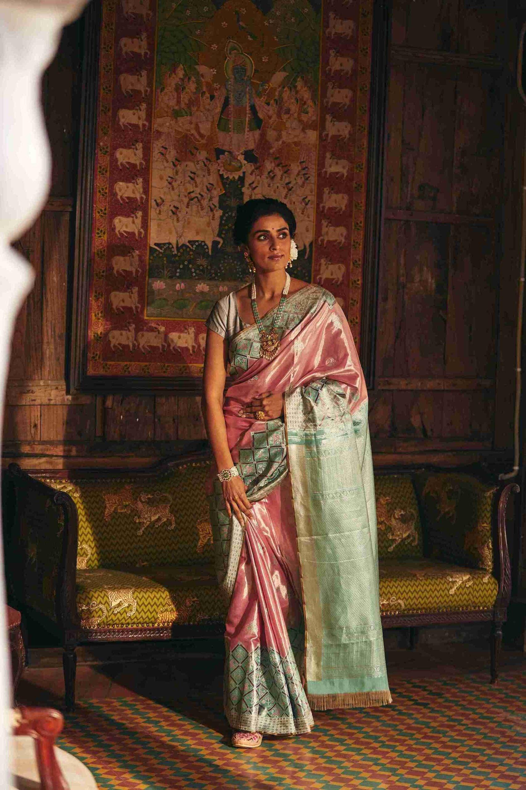 Pure Kanjivaram Tissue Silk, With Silver Zari Weaving - House of Surya