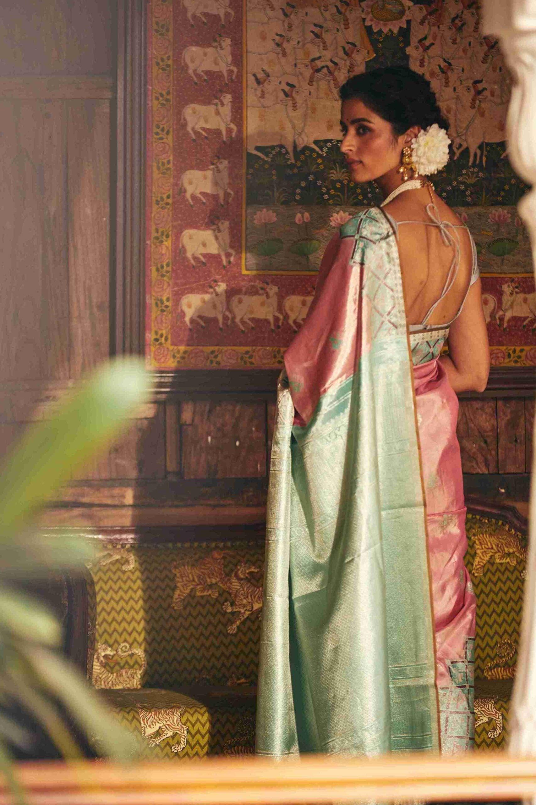 Pure Kanjivaram Tissue Silk, With Silver Zari Weaving - House of Surya