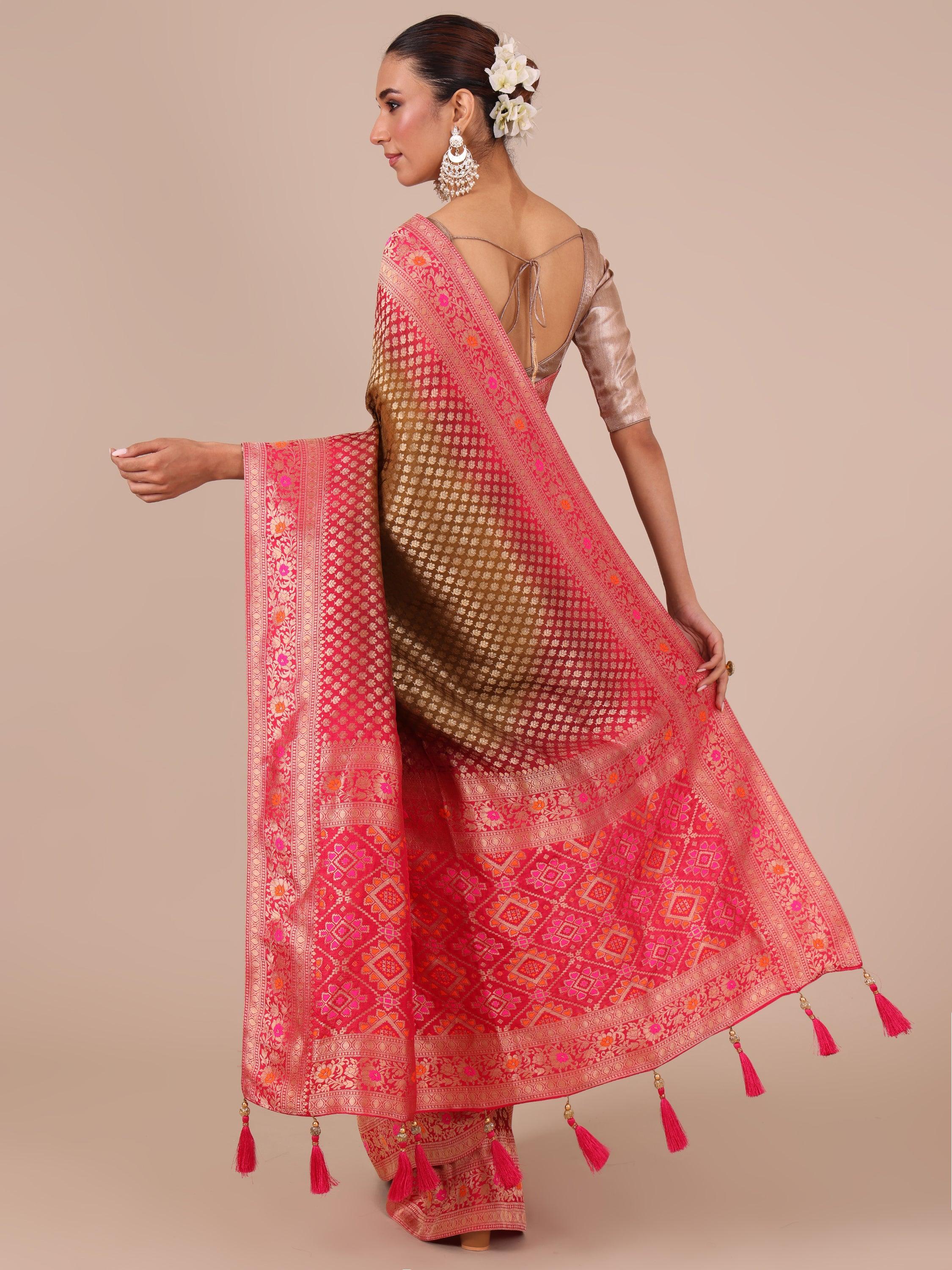 Mehendi Silk Weaving Saree with Rani Unstitched Blouse - House of Surya