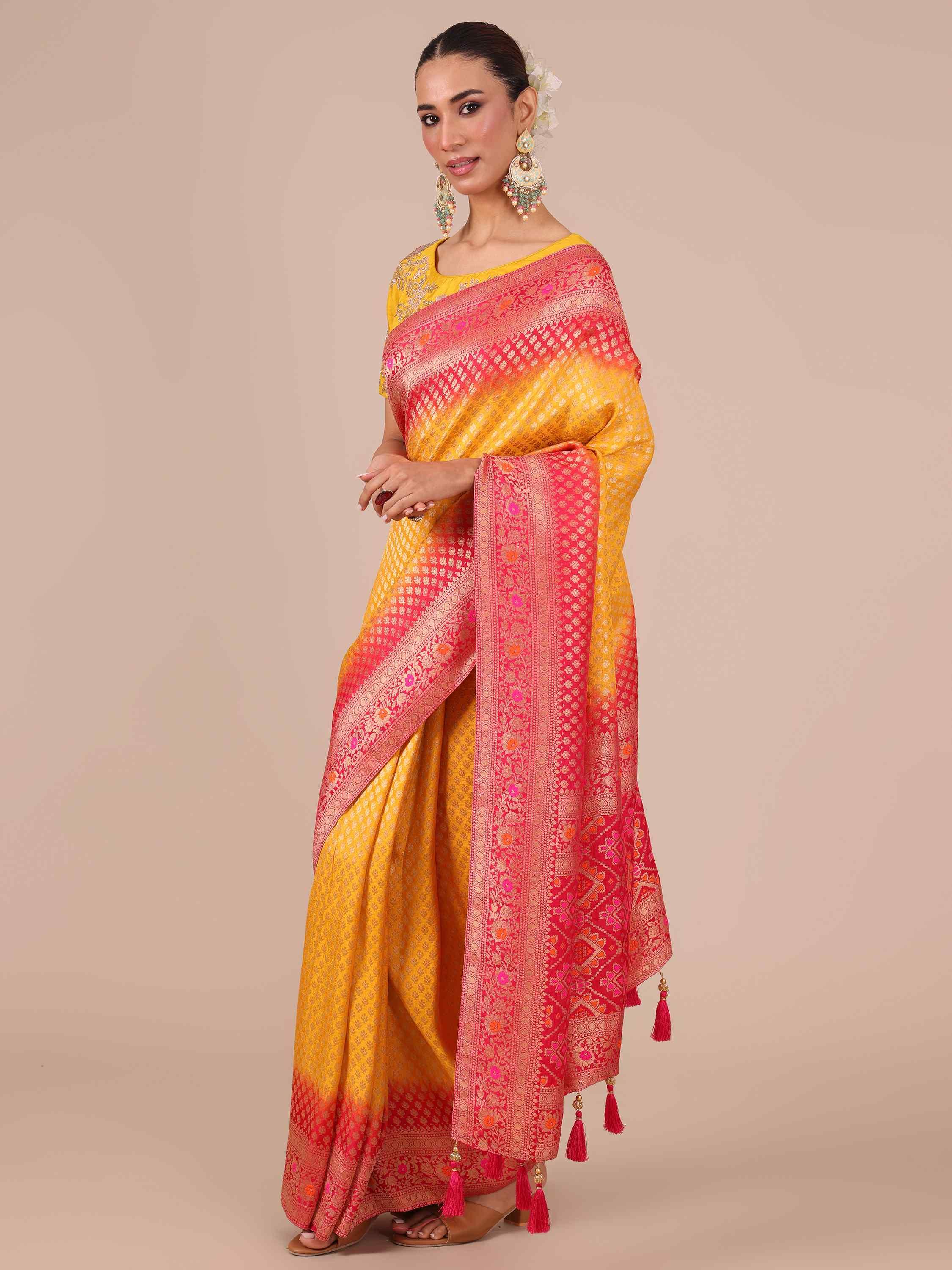 Yellow Dola Silk Weaving Saree with Unstitched Rani color Blouse - House of Surya