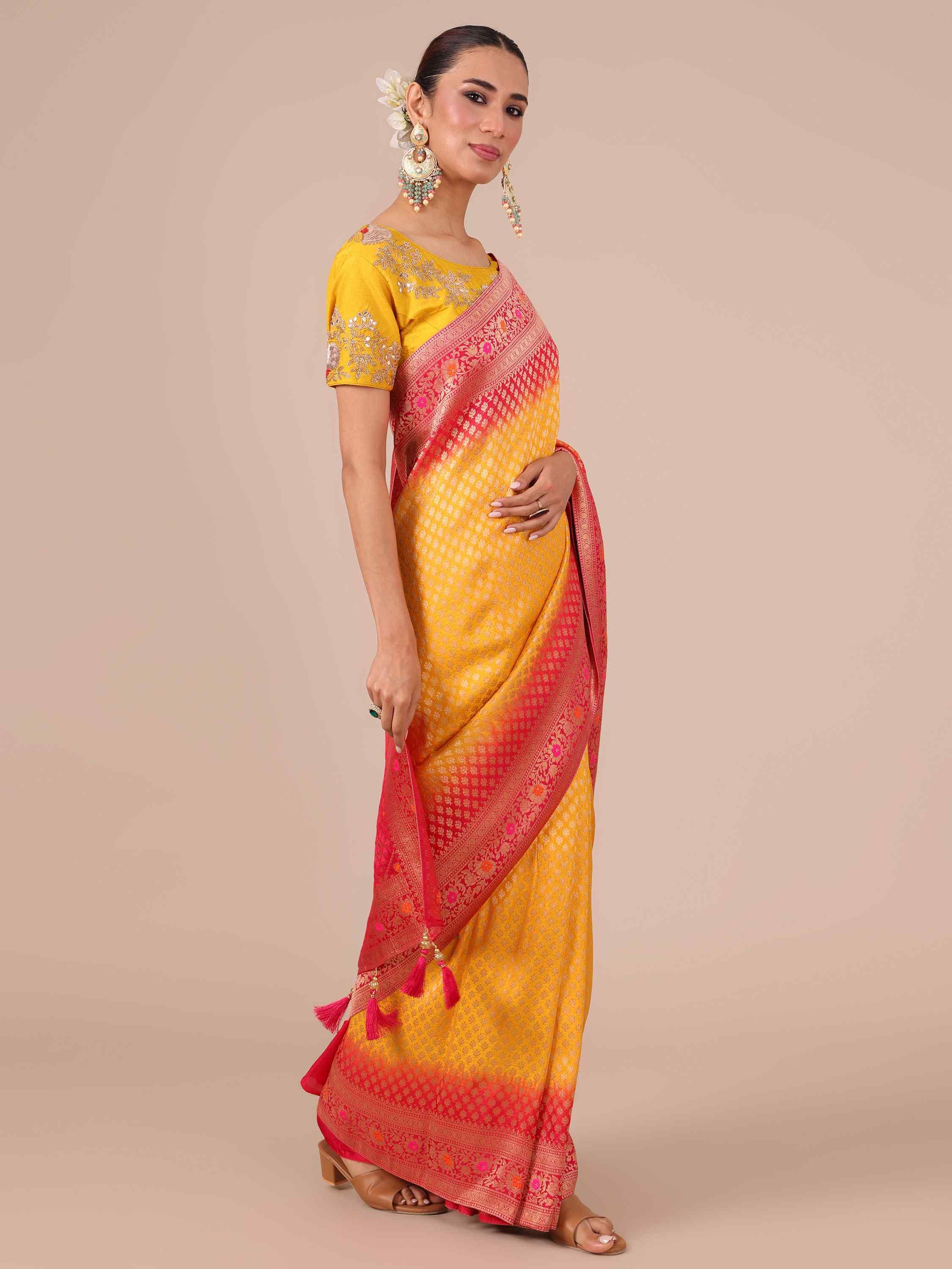 Yellow Dola Silk Weaving Saree with Unstitched Rani color Blouse - House of Surya