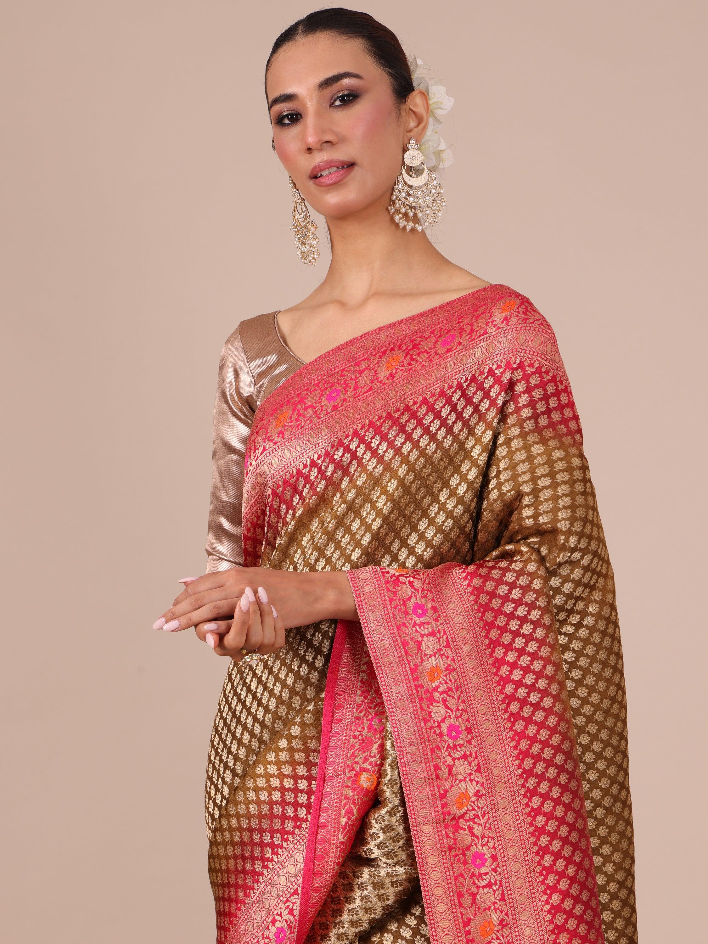 Mehendi Silk Weaving Saree with Rani Unstitched Blouse - House of Surya