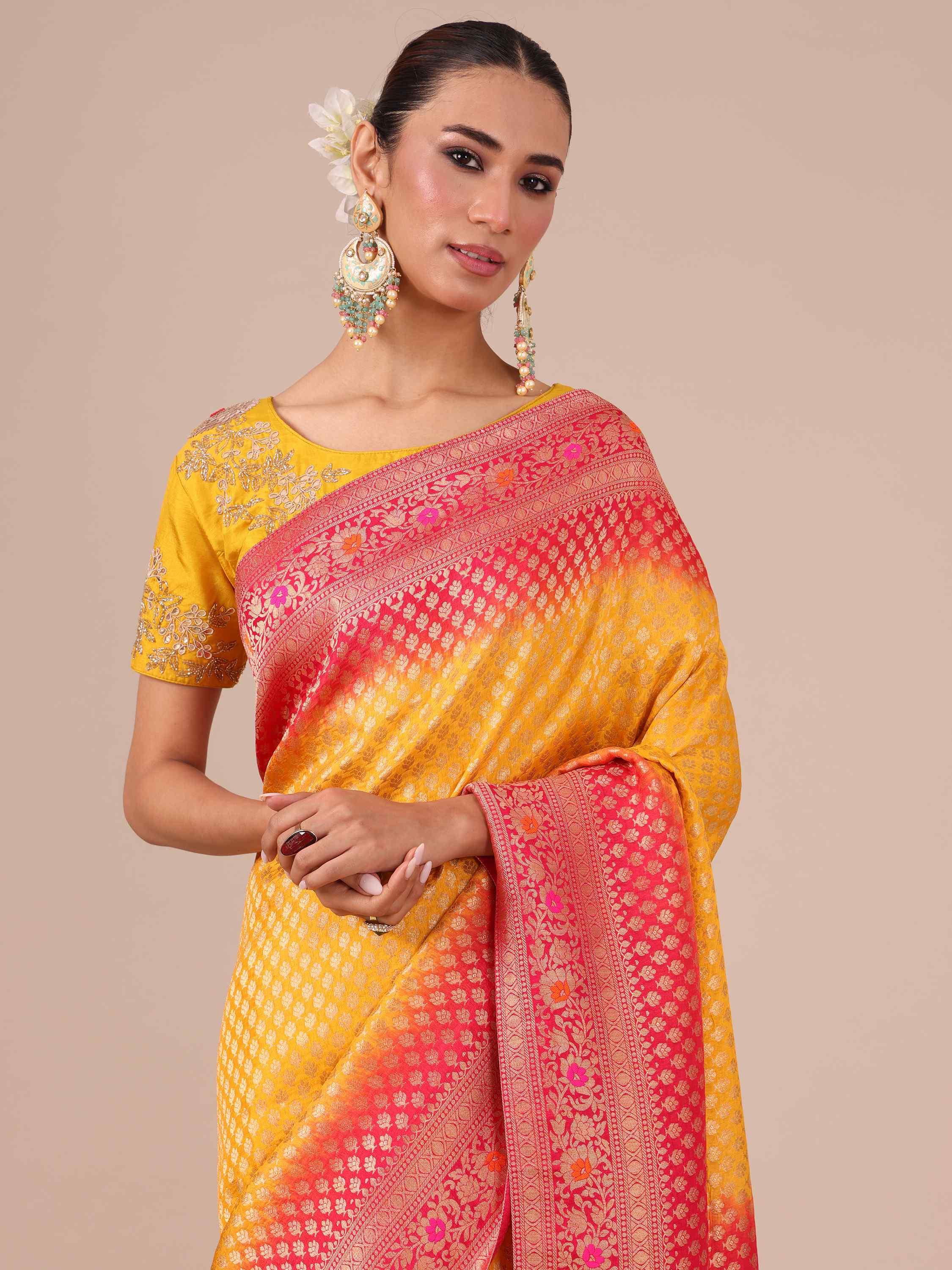 Yellow Dola Silk Weaving Saree with Unstitched Rani color Blouse - House of Surya