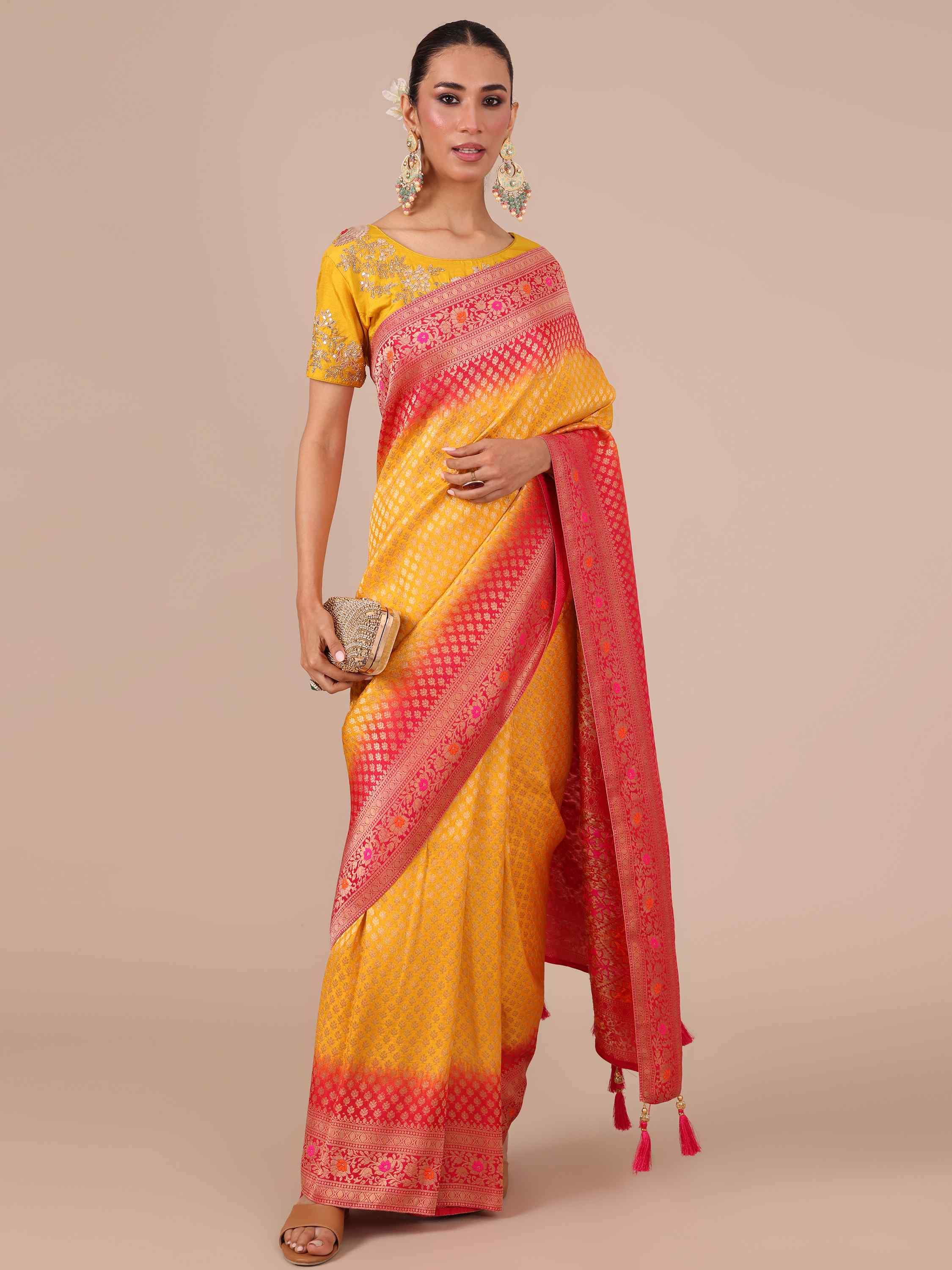 Yellow Dola Silk Weaving Saree with Unstitched Rani color Blouse - House of Surya