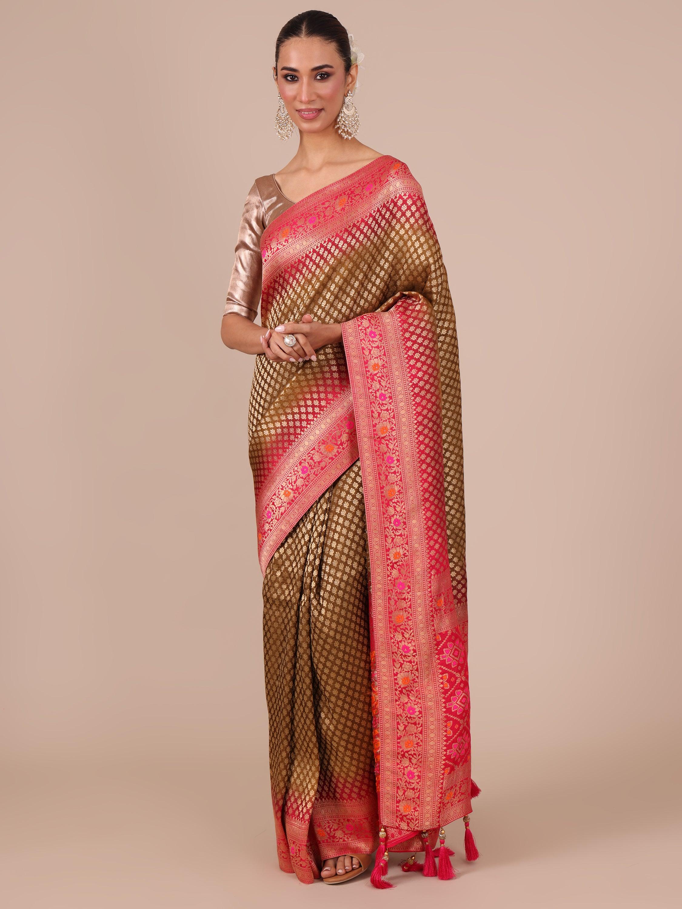 Mehendi Silk Weaving Saree with Rani Unstitched Blouse - House of Surya