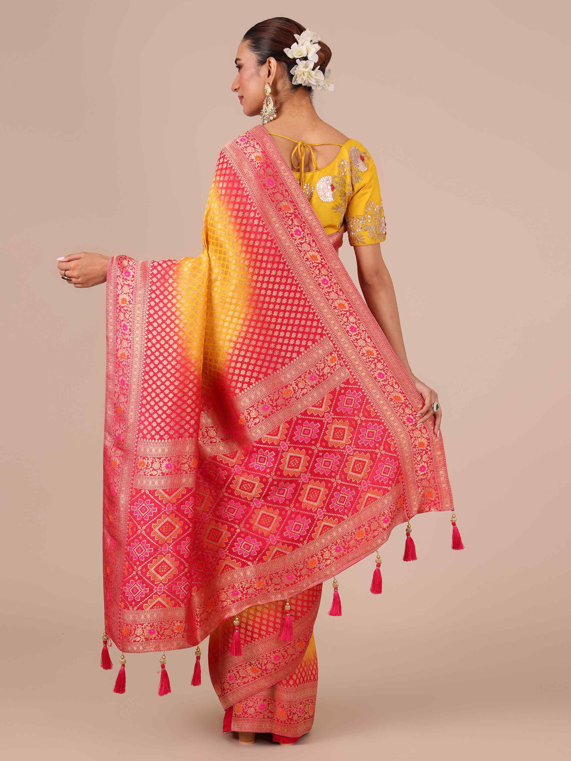 Yellow Dola Silk Weaving Saree with Unstitched Rani color Blouse - House of Surya