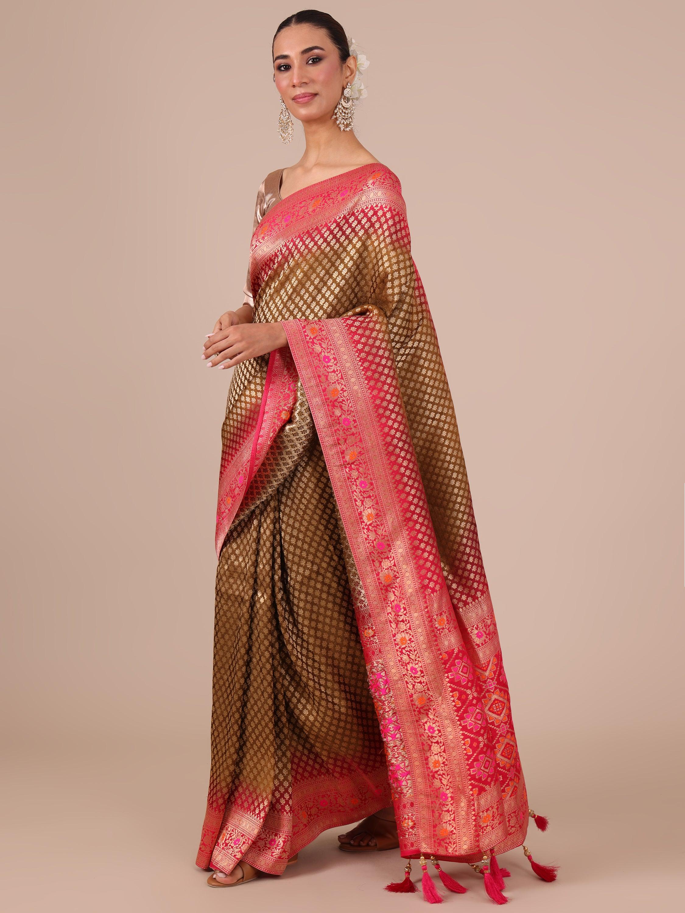 Mehendi Silk Weaving Saree with Rani Unstitched Blouse - House of Surya