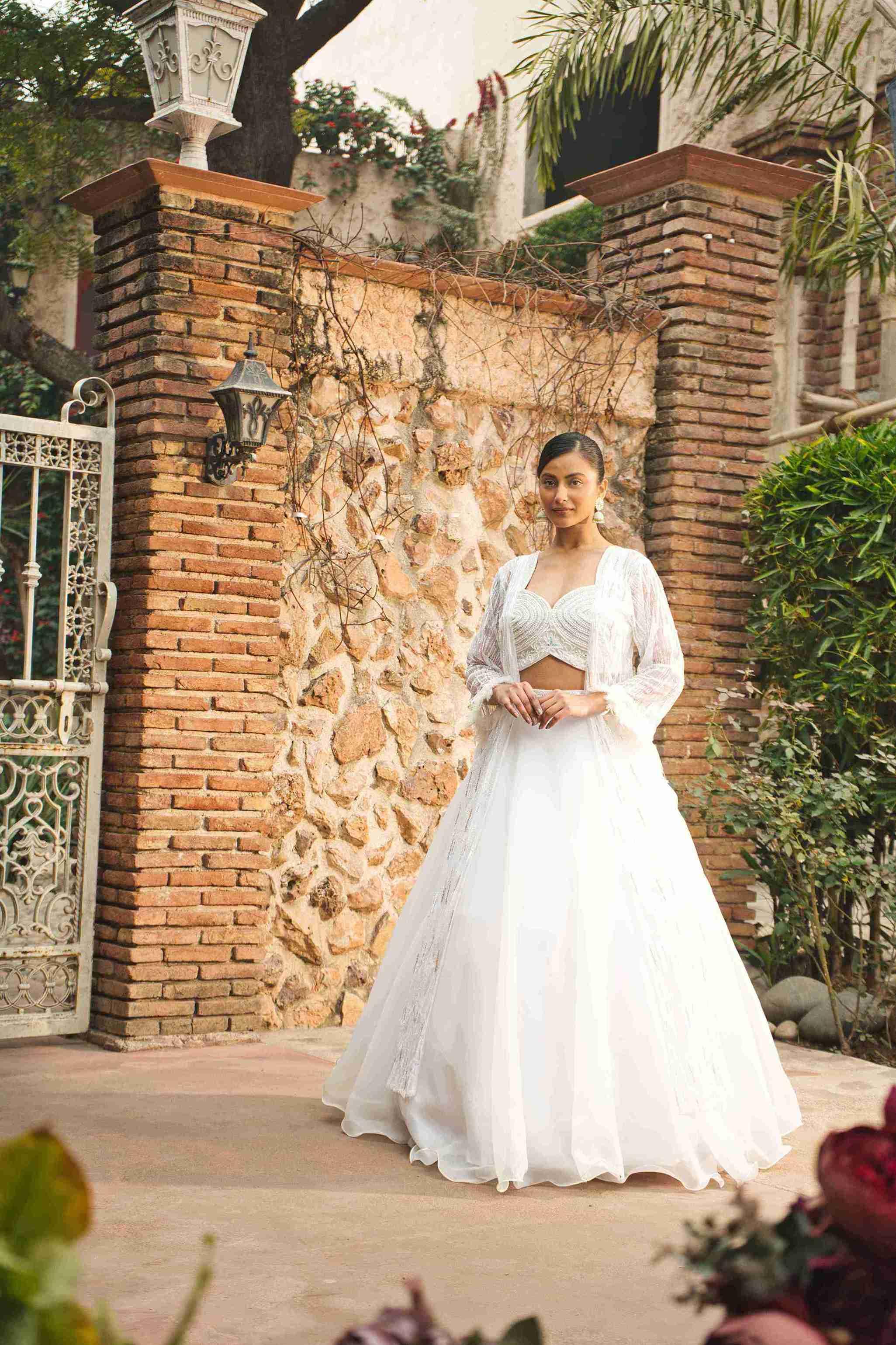 Ivory Lehenga Choli with Shrug – White Cut Dana & Silver Pearl Work - House of Surya
