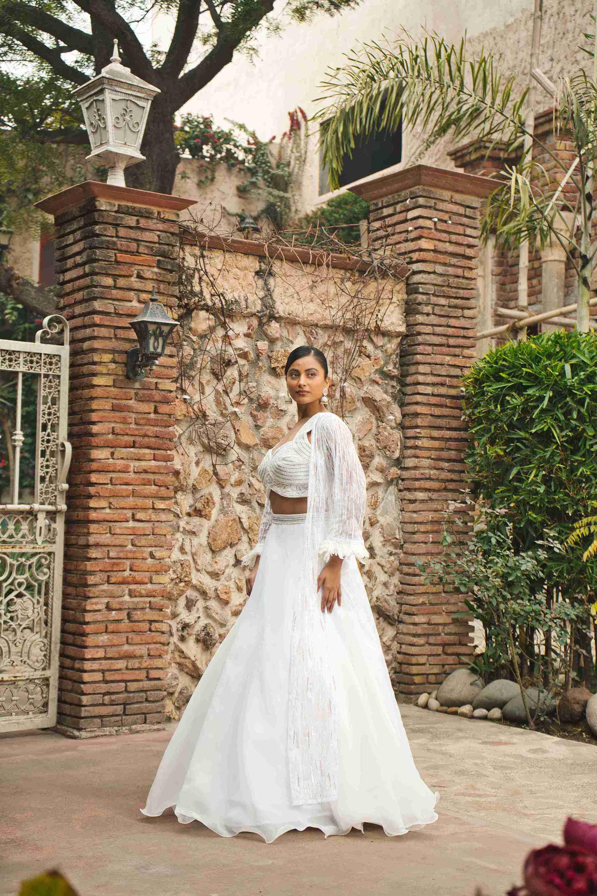 Ivory Lehenga Choli with Shrug – White Cut Dana & Silver Pearl Work - House of Surya