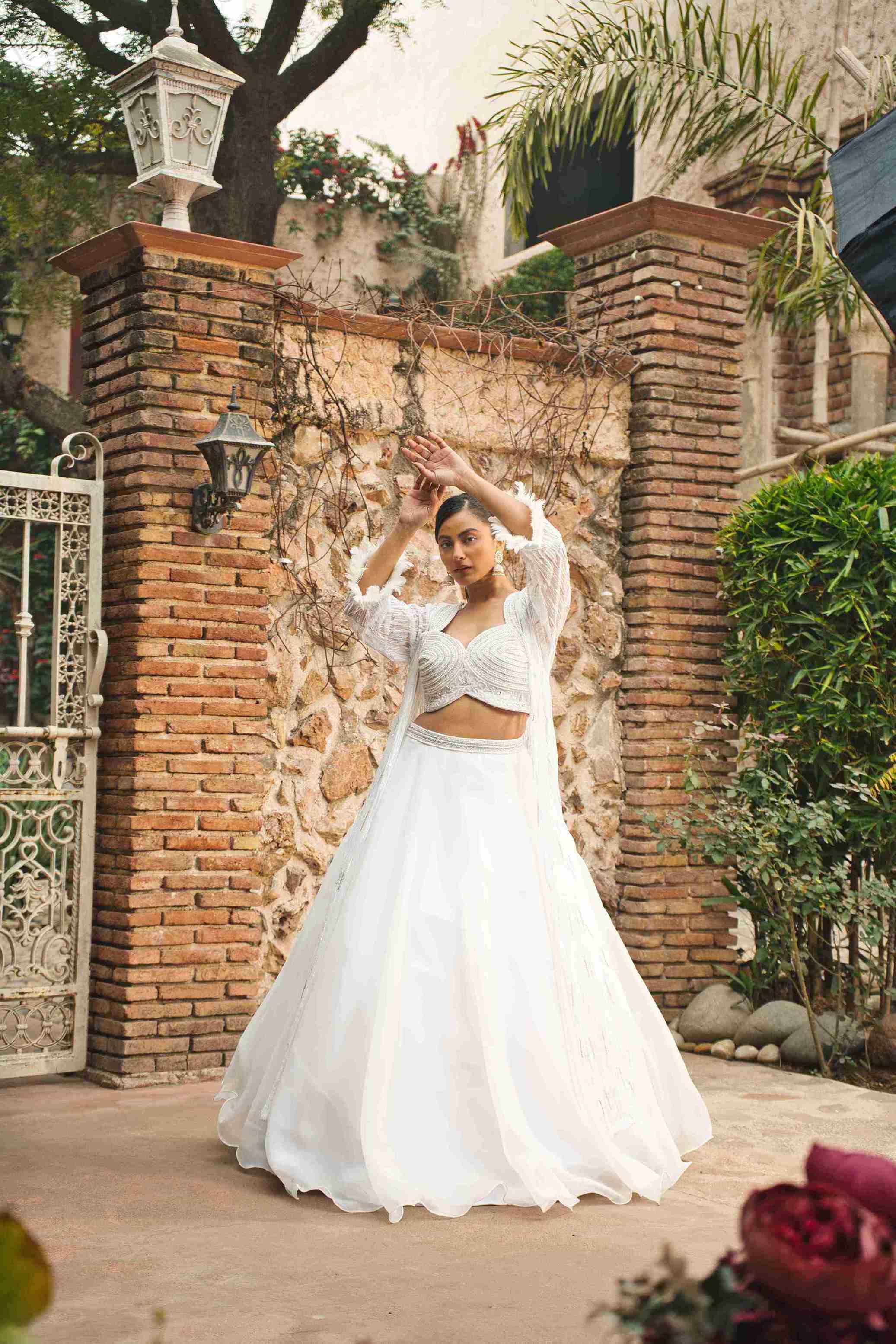 Ivory Lehenga Choli with Shrug – White Cut Dana & Silver Pearl Work - House of Surya