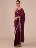Wine Color Satin Crepe Saree with Unstitched Silk Blouse - House of Surya