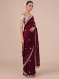 Wine Color Satin Crepe Saree with Unstitched Silk Blouse - House of Surya