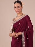 Wine Color Satin Crepe Saree with Unstitched Silk Blouse - House of Surya