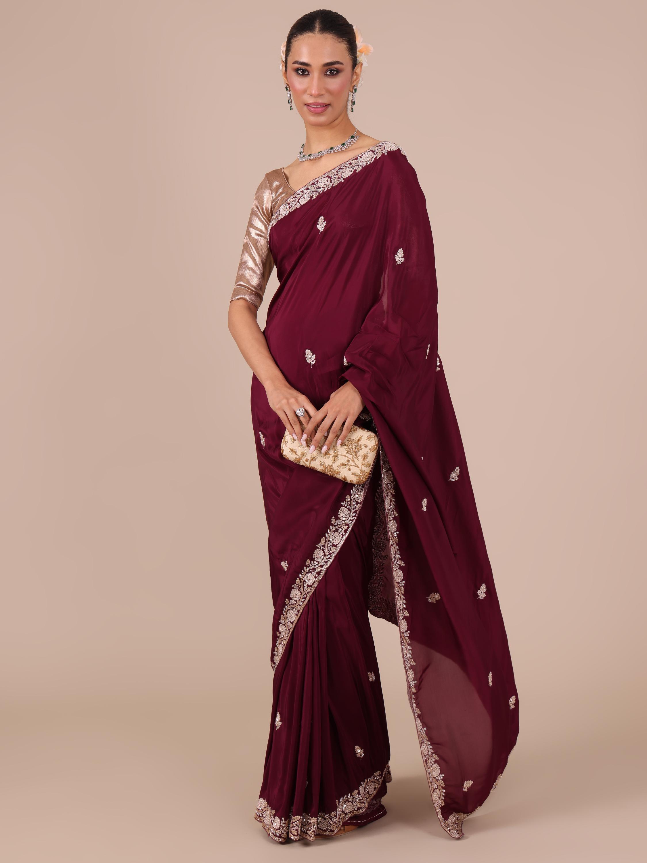 Wine Color Satin Crepe Saree with Unstitched Silk Blouse - House of Surya