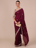 Wine Color Satin Crepe Saree with Unstitched Silk Blouse - House of Surya
