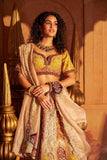 Ivory-Mustard Raw Silk Lehenga with Zardozi, Sequins, and Crystal Work - House of Surya