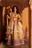 Ivory-Mustard Raw Silk Lehenga with Zardozi, Sequins, and Crystal Work - House of Surya