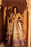 Ivory-Mustard Raw Silk Lehenga with Zardozi, Sequins, and Crystal Work - House of Surya