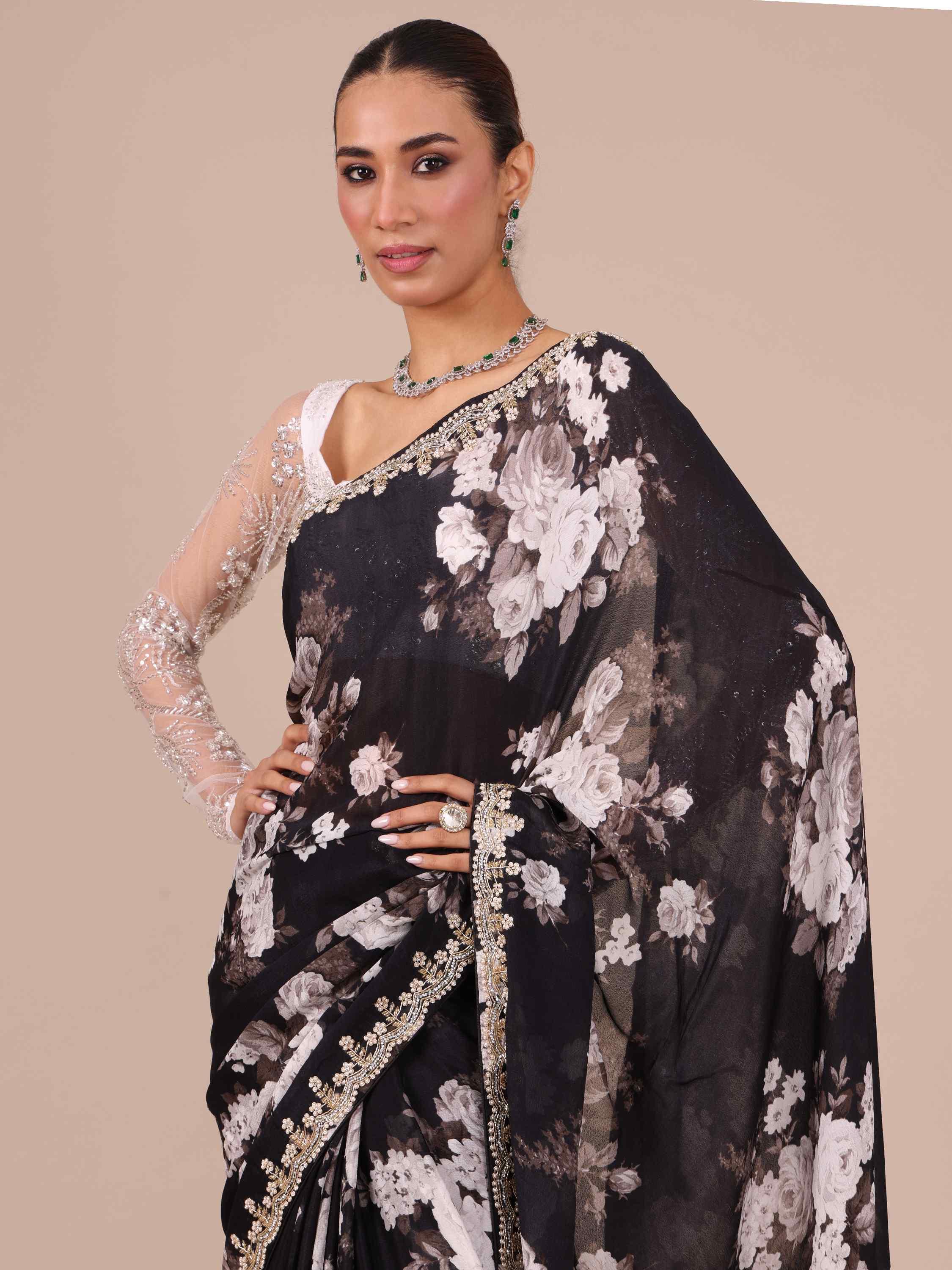 Black Chinon Saree – House of Surya