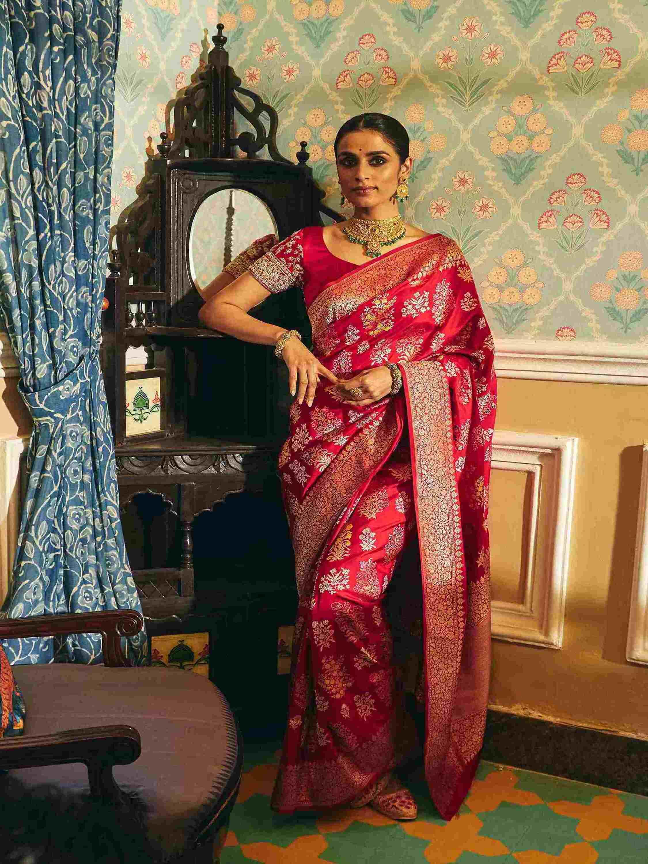 Banarsi Katan Silk Saree with Golden Silver Zari Work and Meenakari - House of Surya