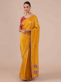 Mustard Color Tissue Organza Saree with Red Blouse - House of Surya