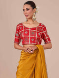 Mustard Color Tissue Organza Saree with Red Blouse - House of Surya