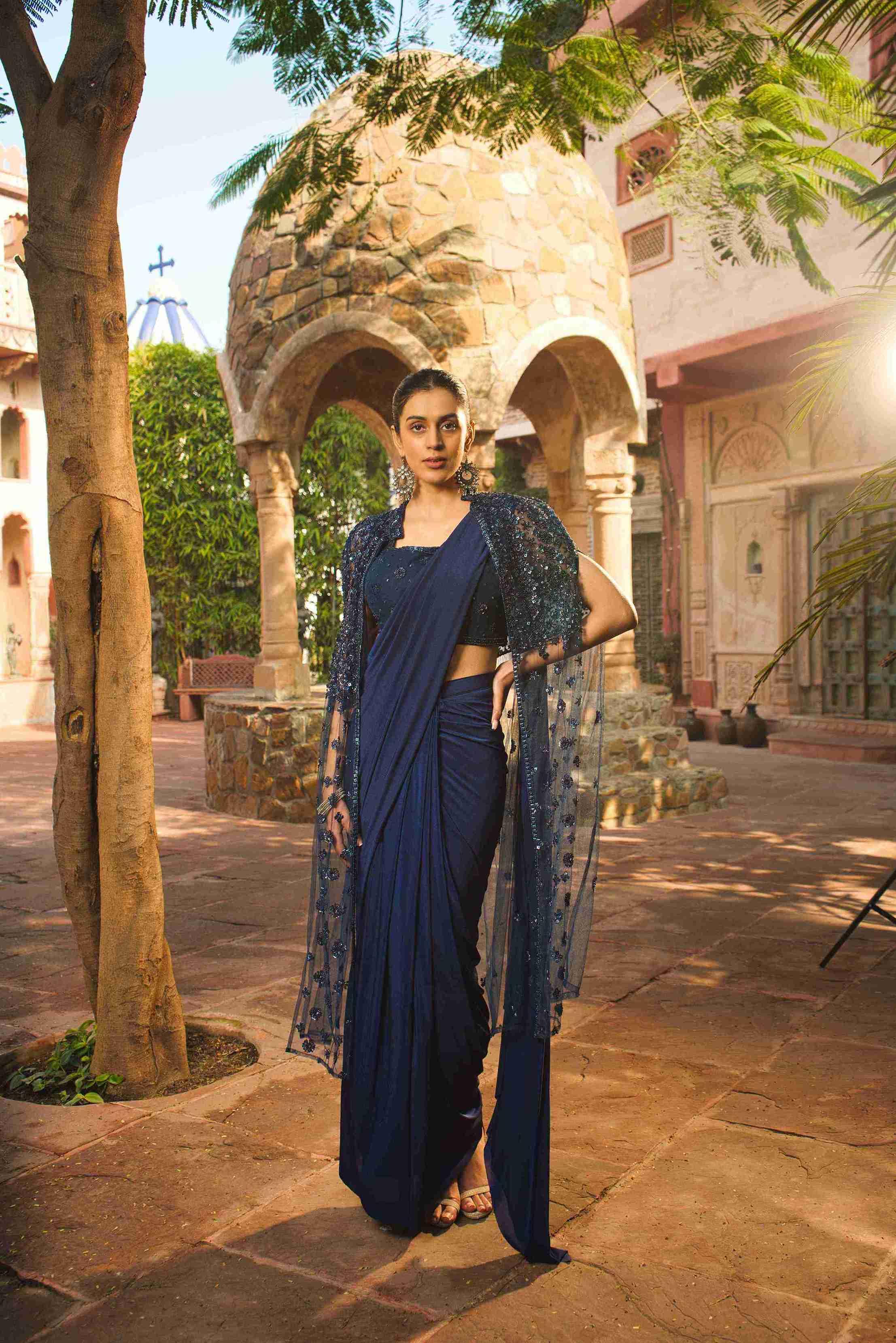 Blue Color Drape Saree With Sequins & Pearl Work - House of Surya