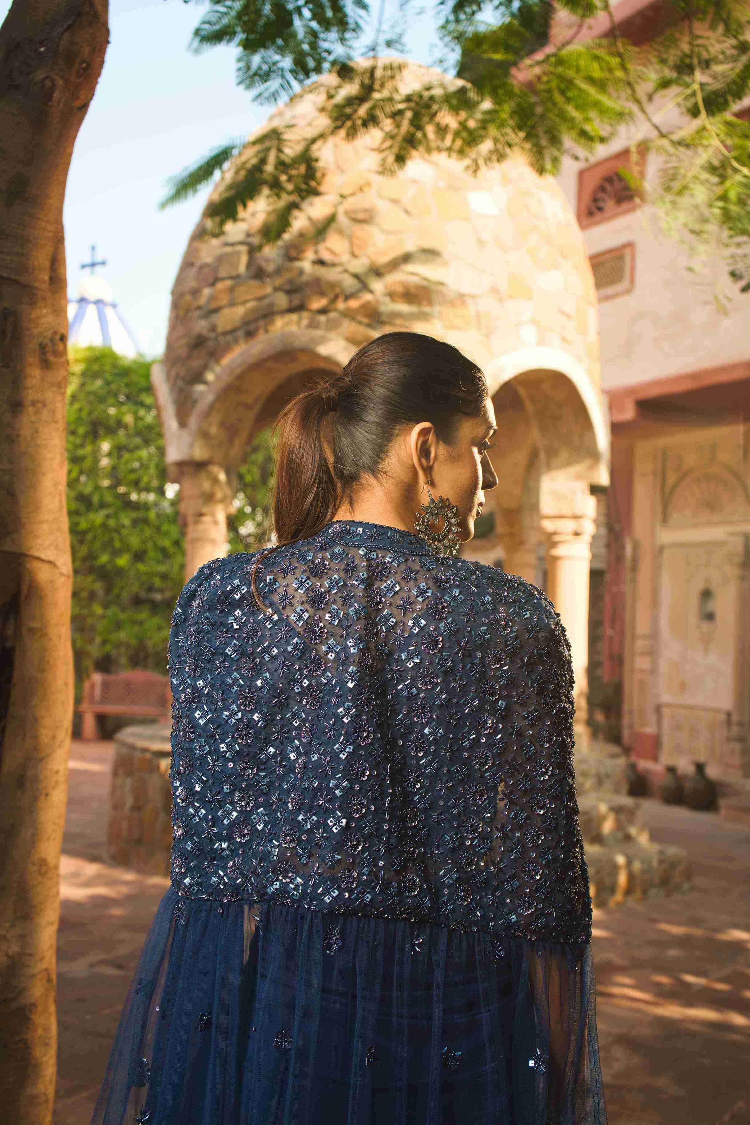 Blue Color Drape Saree With Sequins & Pearl Work - House of Surya