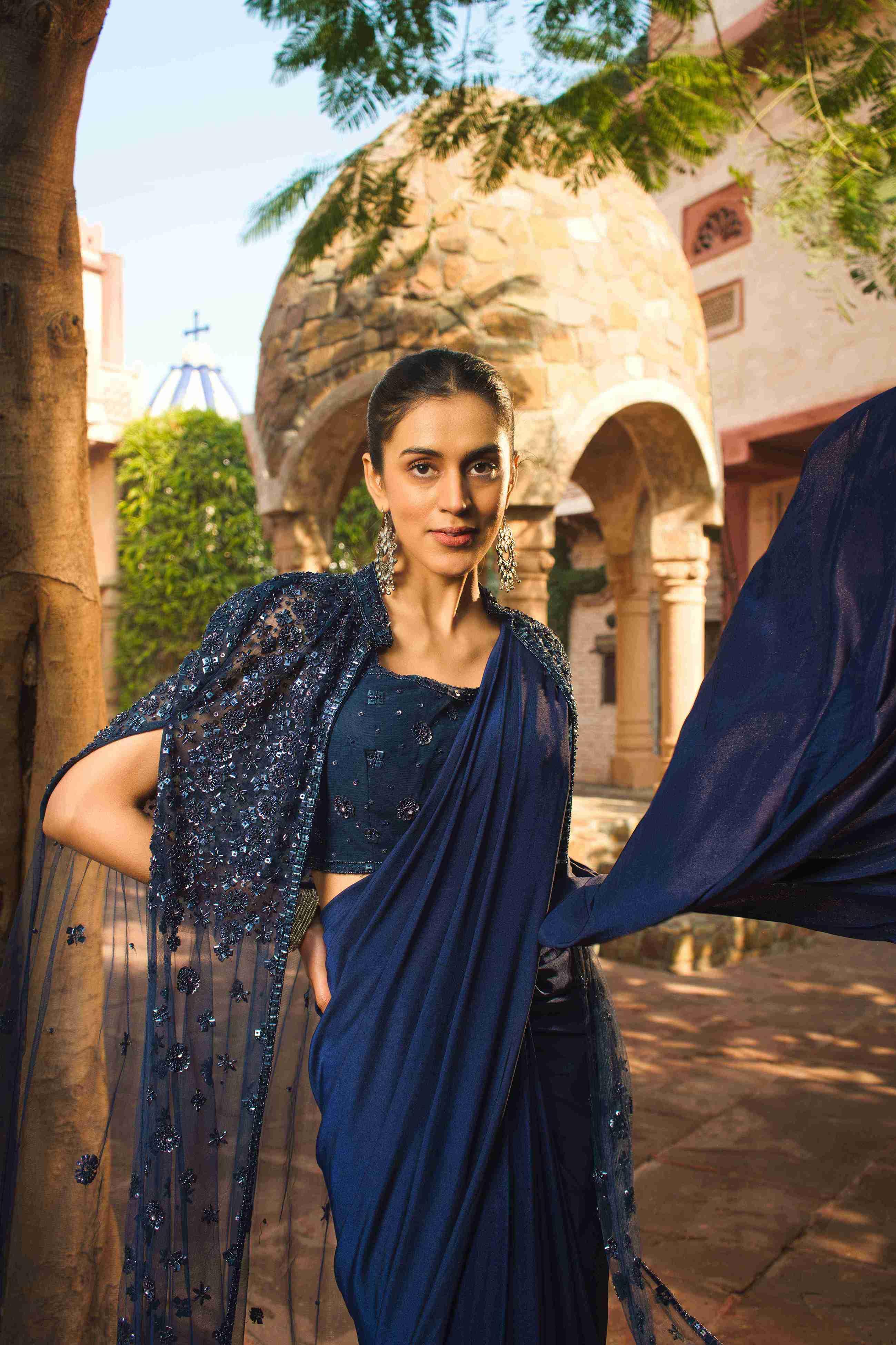 Blue Color Drape Saree With Sequins & Pearl Work - House of Surya